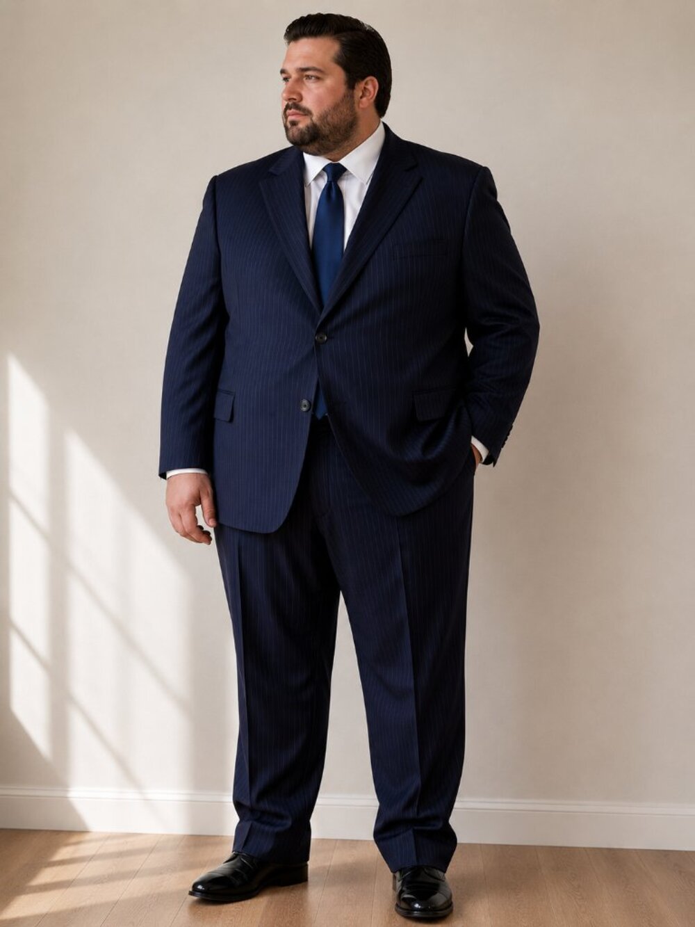 Sean John Men's Navy Pinstripe Suit 46L Two Piece Classic Fit